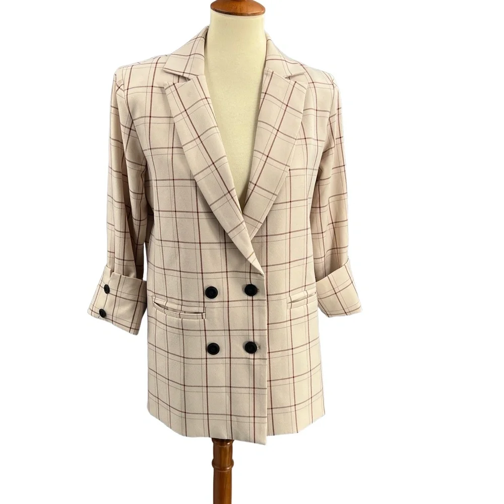 Women’s Plaid Double Breasted Blazer Jacket Beige Brown Check Size M Unbranded - Picture 1 of 5